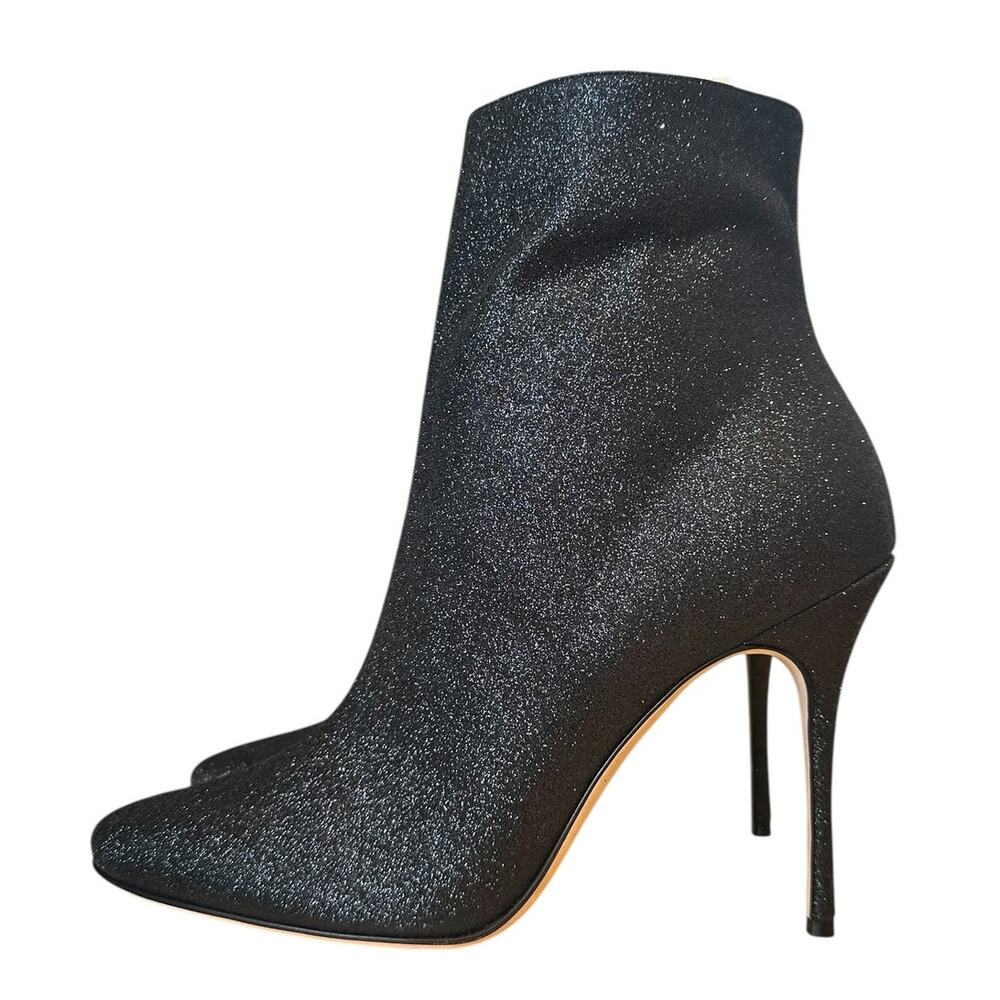 Manolo Blahnik Black Leather Glitter Stiletto High Heel Boots Size 40.5 FIT 8.5